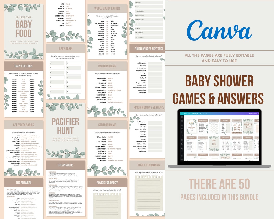 Baby Shower Games & Answers - 50 Pages - Etsy