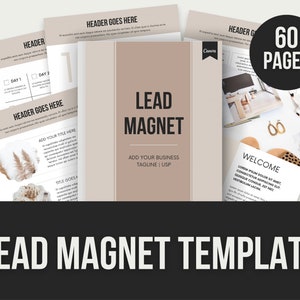 Puede incluir: Una plantilla de imán de clientes de color marrón y beige con el texto "LEAD MAGNET" y "ADD YOUR BUSINESS TAGLINE | USP". La plantilla incluye 60 páginas y tiene un diseño minimalista con una página de bienvenida que presenta una bandeja de madera con aretes dorados y flores blancas.