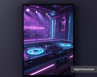 Lámina artística de neón para cabina de DJ cyberpunk, decoración futurista para tocadiscos (descarga digital)