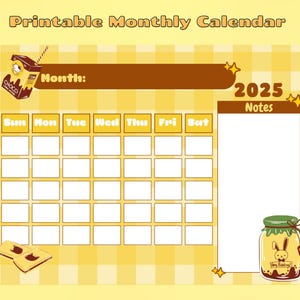 Kawaii Yellow Undated Monthly Calendar Printable (PDF, JPG)