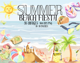 Watercolor Summer Beach Fiesta Clipart, Tropical Vacation PNG Stickers (Digital Download)
