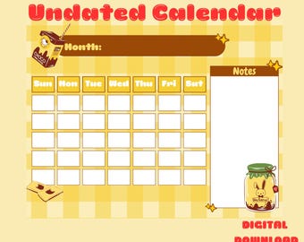 Kawaii Yellow Undated Monthly Calendar Printable (Digital Download)