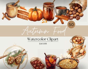 May include: Watercolor clipart featuring autumn food items. Includes a pumpkin, cake, jar of jam, chestnuts, and a mug of hot chocolate. The text "Autumn Food" and "Watercolor Clipart" are also visible.