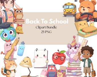 かわいい新学期用クリップアート、動物の学用品（デジタルダウンロード）