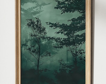Deep Green Forest Wall Art | Japandi Artwork | Serene Enchanted Forest for Home | Moody Nature Print | Premium Matte Paper | No. 26