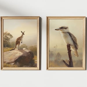 Set of Australian Prints | Kangaroo and Kookaburra | Animals and Birds in Australia Landscape Painting | Vintage Neutral Poster | No. 44&45