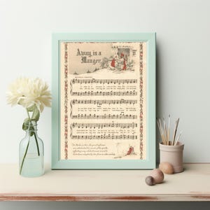Vintage Christmas Sheet Music Prints, Set of 7 Antique Carols - Away in a Manger - Deck the Hall, Printable Instant Download Wall Art