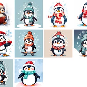Joyeux pingouin avec lecture de chapeau de père Noël - Téléchargement instantané des cliparts vacances fantaisistes Scrapbooking - mignons pingouins lot de 10 PNG