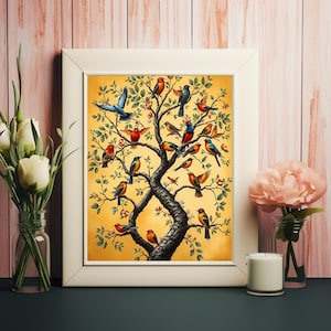 Impresión de pintura del árbol de la vida con pájaros cantores coloridos - Decoración de pared floral con pájaros exóticos - Póster de arte natural Descarga instantánea