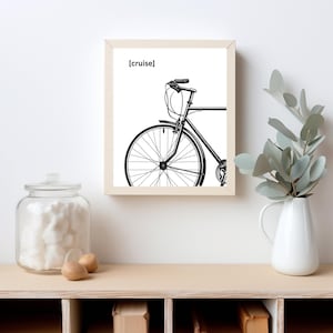 Minimalist Bicycle Illustration with Cruise Text - Modern Black and White Digital Print for Cycling Wall Art and Decor