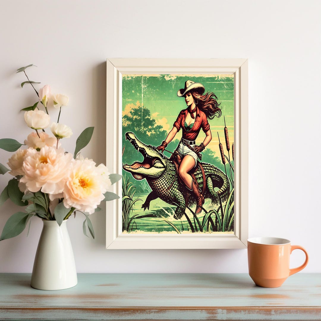 Knight Riding Alligator Vintage Cowgirl Riding Alligator Art Print: Retro Western Decor ...