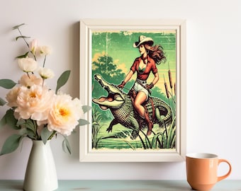 Vintage Cowgirl Riding Alligator Art Print: Retro Western Decor (Digital Download)