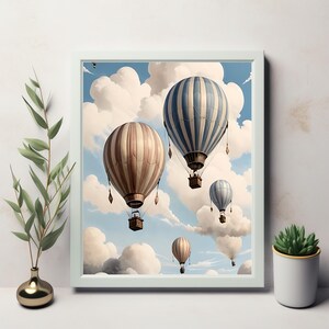 Impression lunatique de montgolfière - décoration de chambre d'enfant vintage pour garçons - nuages doux dans le ciel bleu - oeuvre d'art murale à téléchargement immédiat