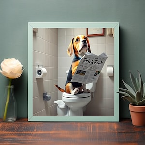 Beagle Reading a Newspaper on the Toilet - Funny Cartoon Wall Art for Pet Lovers - Quirky Bathroom Decor Digital Download
