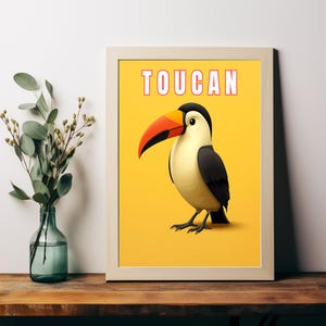 Impresión vibrante de tucán - Arte mural de aves tropicales - Póster vintage de descarga instantánea - Versión adicional con fondo azul para decoración de guardería