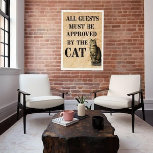 Vintage Cat Wall Art - All Guests Must Be Approved by the Cat - Funny Pet Quote Digital Print - Rustic Home Decor Download