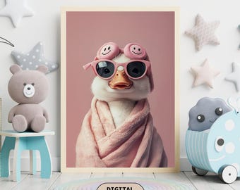 Lámina artística "Día de spa con patos", decoración rosa para habitación infantil (descarga digital)