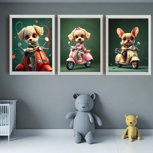 3 Cute Nursery Puppy dogs Riding Scooter Wall Art Bundle - Digital Art for Kids' Rooms - Frenchie poodle Instant Download Printable Decor