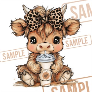 Op de afbeelding: Een cartoon illustratie van een Highland koe kalf met bruine vacht, grote ogen en een luipaardprint strik. Het kalf houdt een koffiedrank met ijs en een koffieboon ontwerp vast. Het woord "SAMPLE" is op de afbeelding gestempeld.