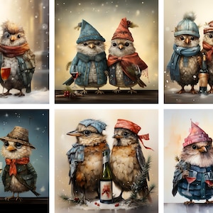 Cute Christmas Birds PNG Clipart Bundle - Pássaros de desenho animado peculiares com chapéus de Papai Noel para artesanatos de Natal divertidos e projetos de sublimação