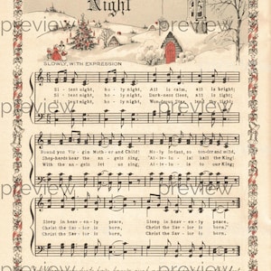 Silent Night Printable Vintage Christmas Hymn Carol Sheet Music Color Illustration, Jingle Bells, O Come All Ye Faithful and More