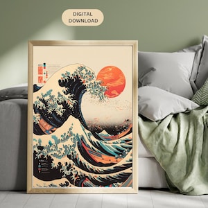 Modern Japanese Wave Art, Vibrant Great Wave Inspired Digital Wall Art, Hokusai Kanagawa&#39;s great wave, 300dpi JPG, High Quality Digital Art