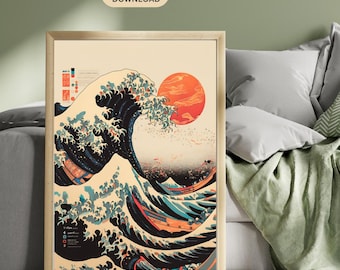 Hokusai Welle Kunstdruck, Japanische Ozean Sonne (Digital Download
