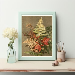 Póster vintage de helecho botánico otoñal: follaje bellamente ilustrado con colores vibrantes para arte mural de descarga instantánea