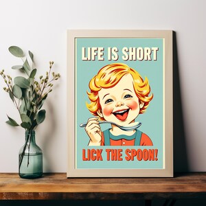 Arte de cocina divertido Póster imprimible de cocina retro Póster de niño feliz Regalo de cocinero de cocina Impresión digital de cocina azul Póster vintage de hijo