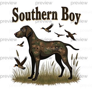 Diseño de perro de caza sureño con camuflaje y patos voladores para camisetas, sudaderas, descarga digital