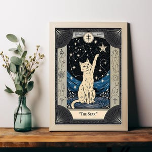 The Star Cat Tarot Card - Vintage Lino Style Print for Mystical Astrology and Celestial Decor - Boho Minimalist Wall Art