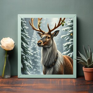 Vintage Christmas Deer of Santa Painting Wall Art Print for Cozy Holiday Decor - Warm Tone Winter Digital Artwork Download