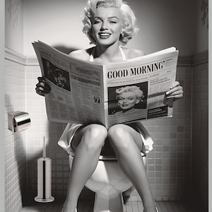 Vintage woman resembling Marilyn Monroe on Toilet Reading Newspaper in Retro Bathroom - Funny Bathroom Wall Art instant download.
