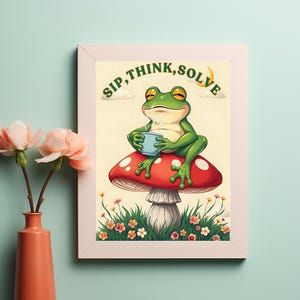 Beber, pensar, resolver: arte digital de rana sobre hongo para una decoración de pared divertida y relajada. Descarga imprimible instantánea.