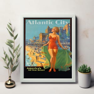 Vintage Atlantik-Stadt-Plakat - Amerikas All-Year-Resort - Glamouröse Strandszene mit Frauen im roten Badeanzug - Herunterladbare Kunst