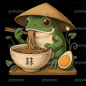 Netter Frosch, der Ramen isst - Wunderliche Karikaturillustration des Kawaii Frosches mit Nudelschüssel - Druckbares transparentes PNG für lustige Designs