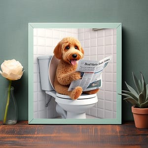 Cute Golden Doodle Sitting on Toilet Reading Newspaper - Humorous Bathroom Decor Digital Download Wall Art Printable
