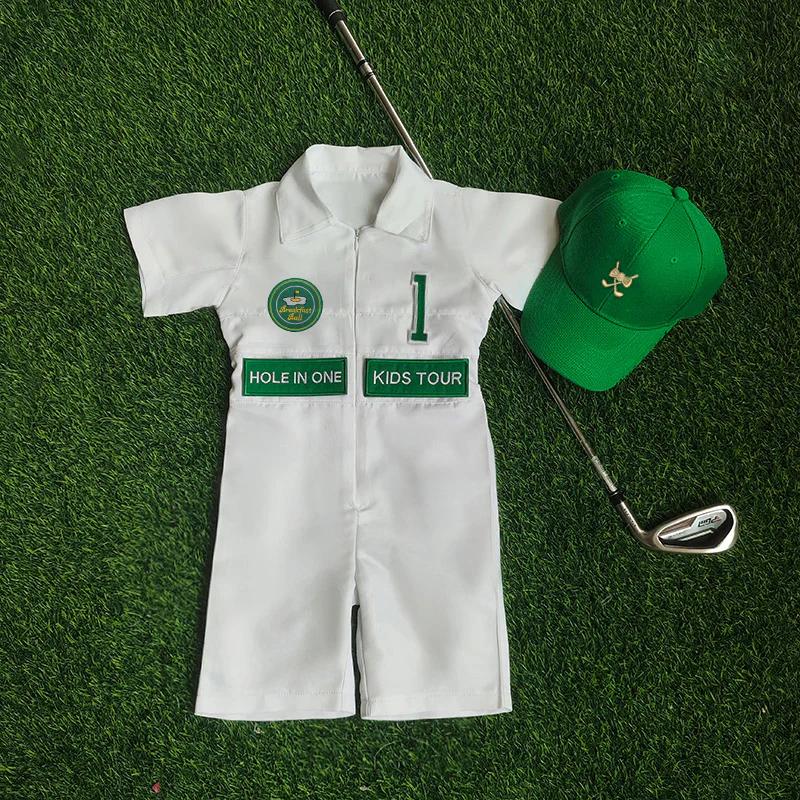 Kids Golf Caddy Jumpsuit: White-Green Birthday Uniform, Cotton Fabric, Ages 1-5