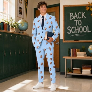 Peut inclure: Un costume bleu clair composé d'une veste et d'un pantalon assorti, orné d'un motif répétitif représentant un visage. L'ensemble est porté avec une cravate bleu foncé, une chemise blanche et des baskets blanches, tout en tenant un livre bleu.