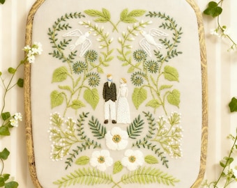 Handmade Wedding Couple Embroidery Hoop, Floral Canvas Wall Art