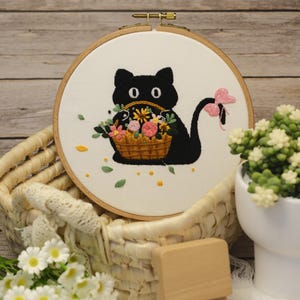 Embroidered Cat with Flowers, Finished Embroidered Wall Art, Desk Decor, Hand Made Canvas Wall Hanging, Hand Embroidery, Creative Art