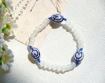 Blue and White Porcelain Style Bracelet, Handmade Elastic Beaded Bracelet Bracelet for Women, Flower Bracelet, Fashion Jewelry, Gift for Her