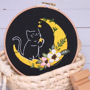 Finished Embroidered Wall Art, Embroidered Cat with Moon, Wall and Desk Decor, Hand Made Canvas Wall Hanging, Hand Embroidery, Creative Art