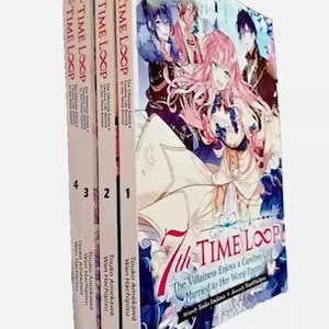 May include: A set of four light novel books titled 7th Time Loop: The Villainess Enjoys a Carefree Life Married to Her Worst Enemy! by Touko Amekawa and Wan Hachipisu. The front cover features an anime-style illustration of a pink-haired character.