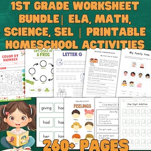 Könnte beinhalten: Ein Paket druckbarer Arbeitsblätter für Homeschooling der 1. Klasse, einschließlich ELA, Mathe, Naturwissenschaften und SEL-Aktivitäten. Das Bild zeigt verschiedene Seiten mit farbenfrohen Illustrationen und Texten, wie "Color by Number" und "My Family Tree". Das Paket enthält über 260 Seiten.