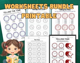 Telling Time Worksheets Bundle Printable, Reading the Clock Practice Sheets PDF, Learn to Tell Time Activities for Kids 45 Pages Math