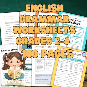 Hojas de trabajo de gramática inglesa de 2.º a 6.º grado / PDF imprimible para educación en casa / Paquete de práctica de lengua y literatura / 100 páginas de descarga instantánea