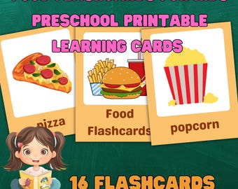 Może przedstawiać: Karty edukacyjne z jedzeniem dla dzieci, z ilustracjami pizzy, hamburgera i popcornu. Karty zawierają słowa "pizza", "Food Flashcards" i "popcorn". Obraz zawiera również tekst "FOOD FLASHCARDS FOR KIDS", "PRESCHOOL PRINTABLE", "LEARNING CARDS" i "16 FLASHCARDS".