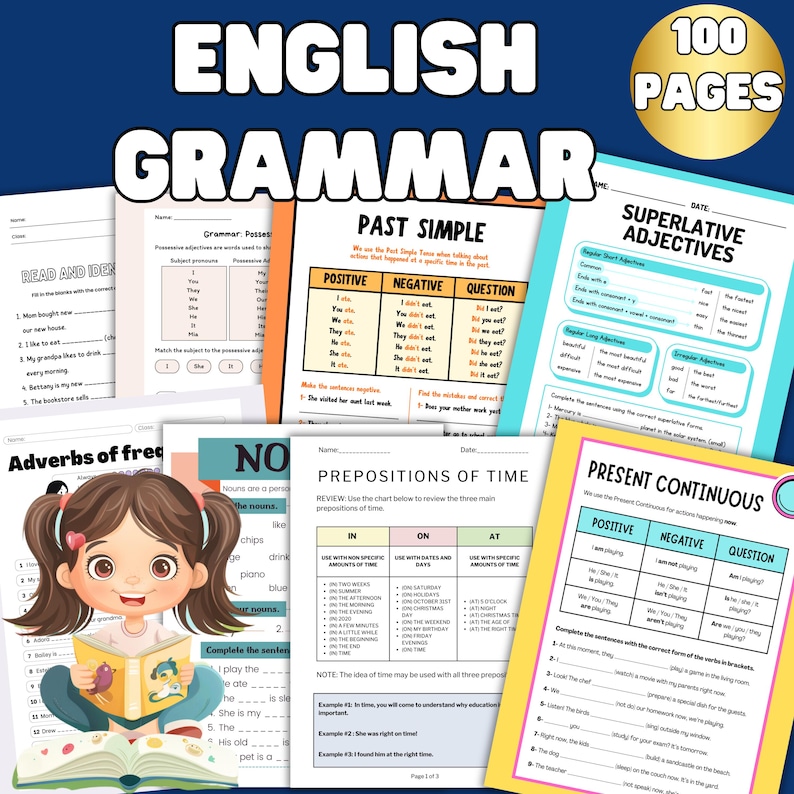 English Grammar Worksheets for Kids, 100 Pages, Grades 2-6 Printable - Etsy