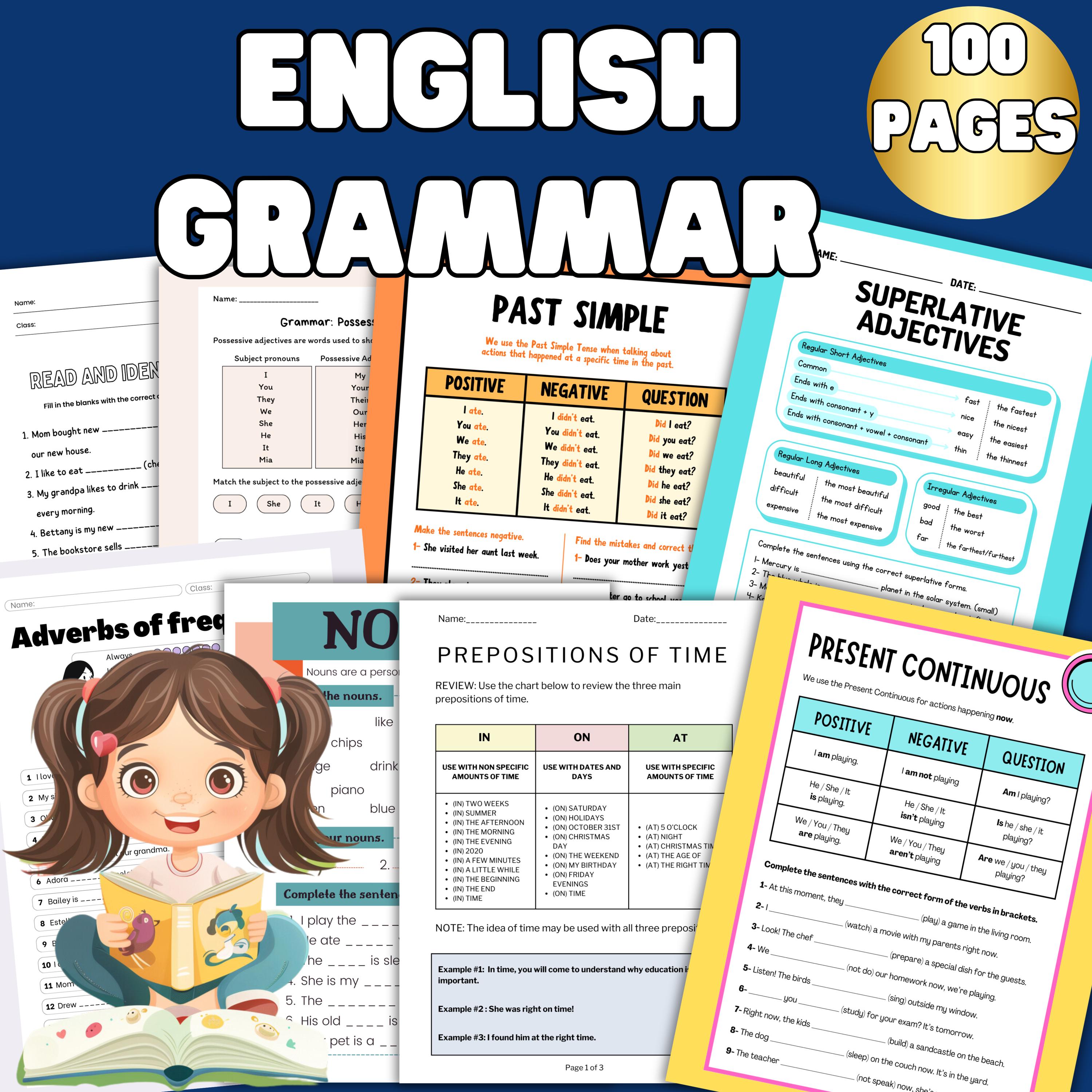 English Grammar Worksheets for Kids, 100 Pages, Grades 2-6 Printable - Etsy